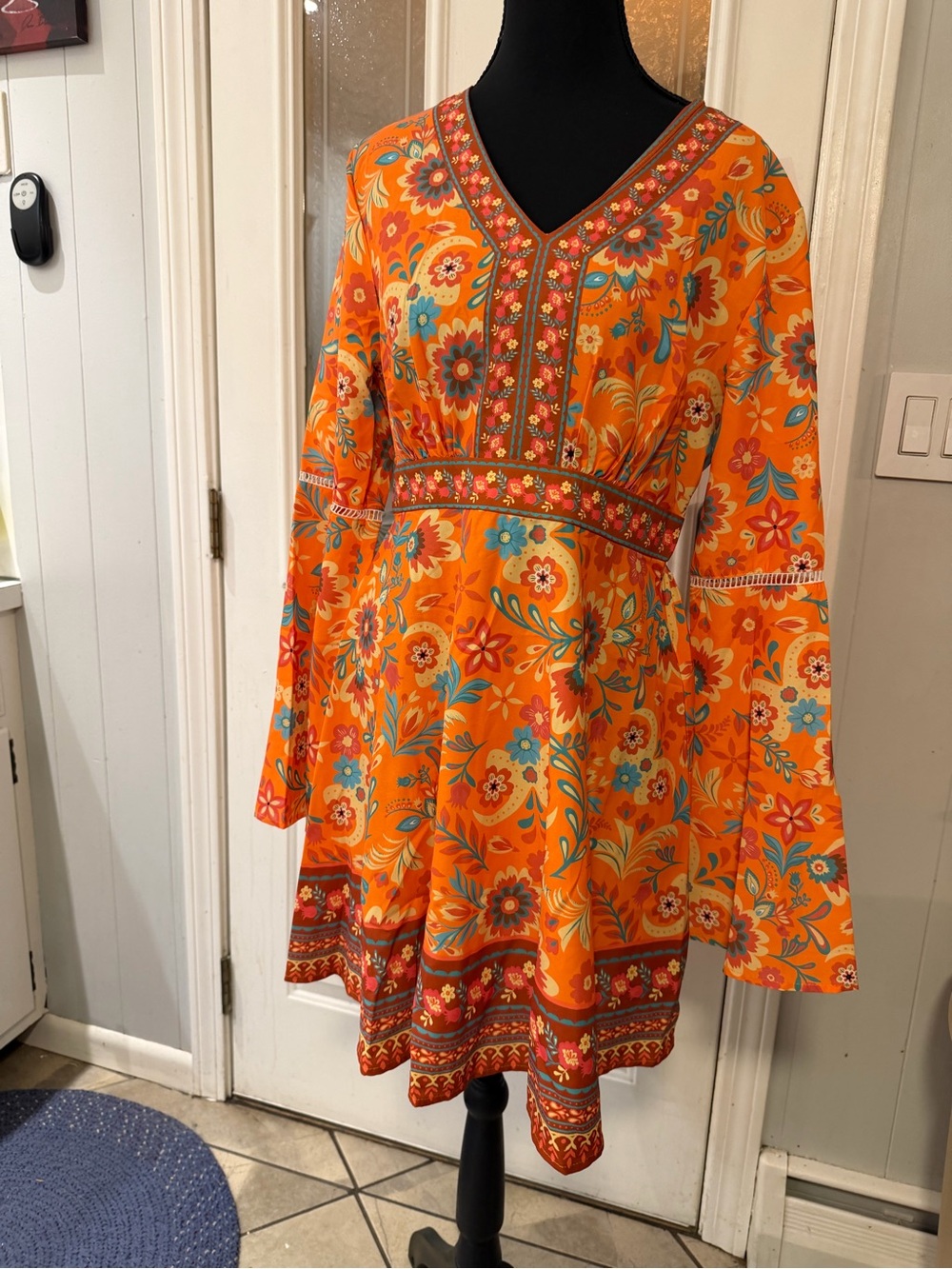 Cupshe Orange Floral V-Neck Boho Long-Sleeve Dress